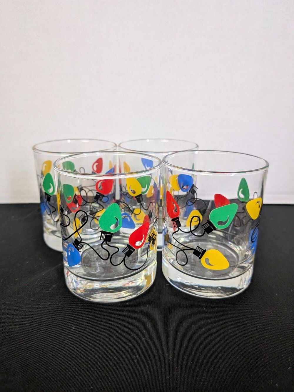 4 Christmas Lights Rocks Juice Glasses Double Old Fashioned String Of Colored